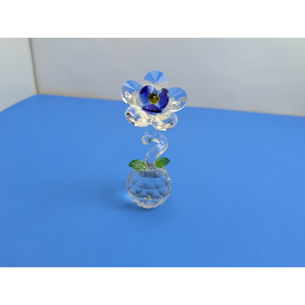 FACETED CRYSTAL BALL VASE BLUE FLOWER FIGURINE 4.5"